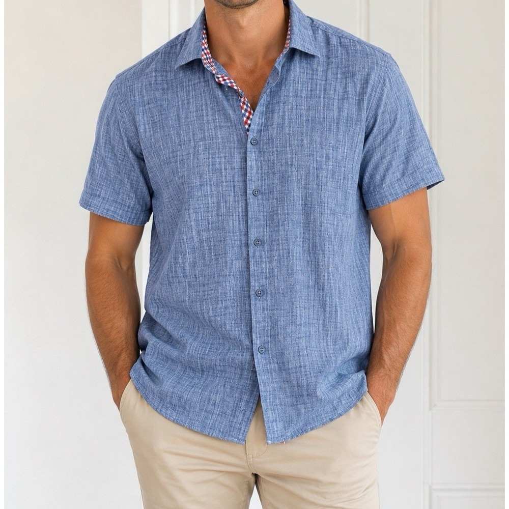 Bespoke Men XL Blue Cotton Short Sleeve Button Down Shirt Casual New Org. $59